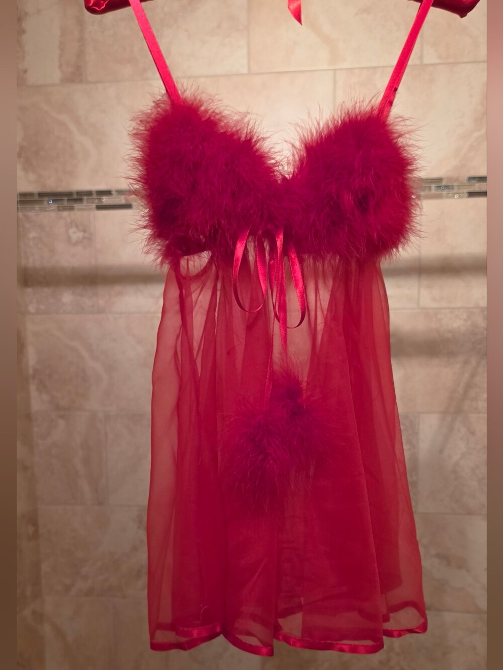 Rare INNER MOST Red Sheer Babydoll Lingerie W/Satin & Feather Accents.Size Small